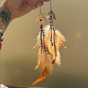 Feathered dreamcatcher earrings with Beaded Accents and a silver thunderbird
